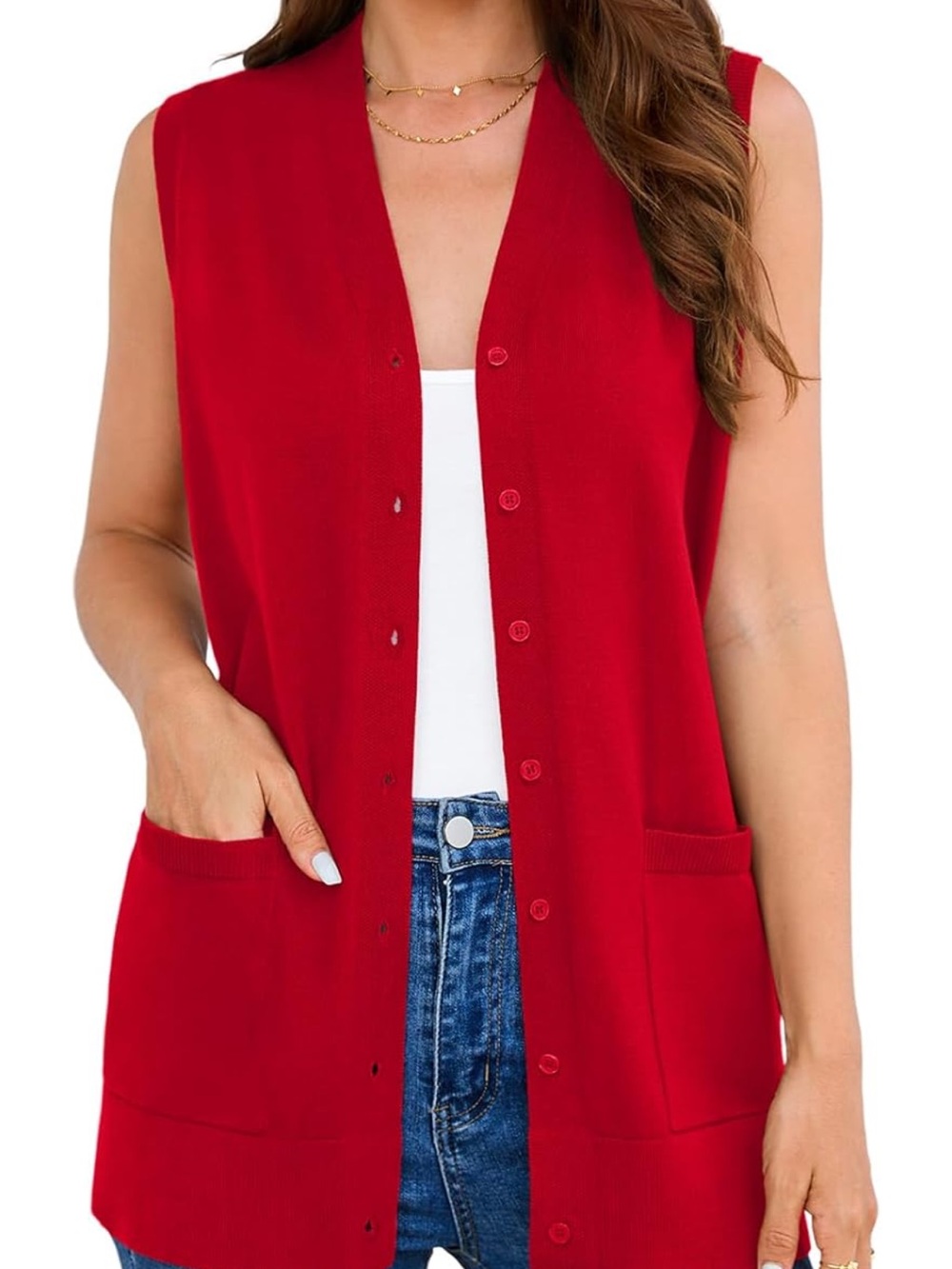 Red Sleeveless Button-Down Vest Top